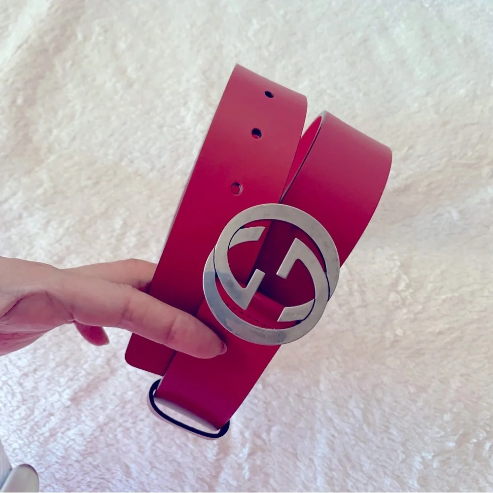 BrandNew Authentic Gucci Antique Silver GG buckle Leather Belt Red 85 - Picture 6 of 6